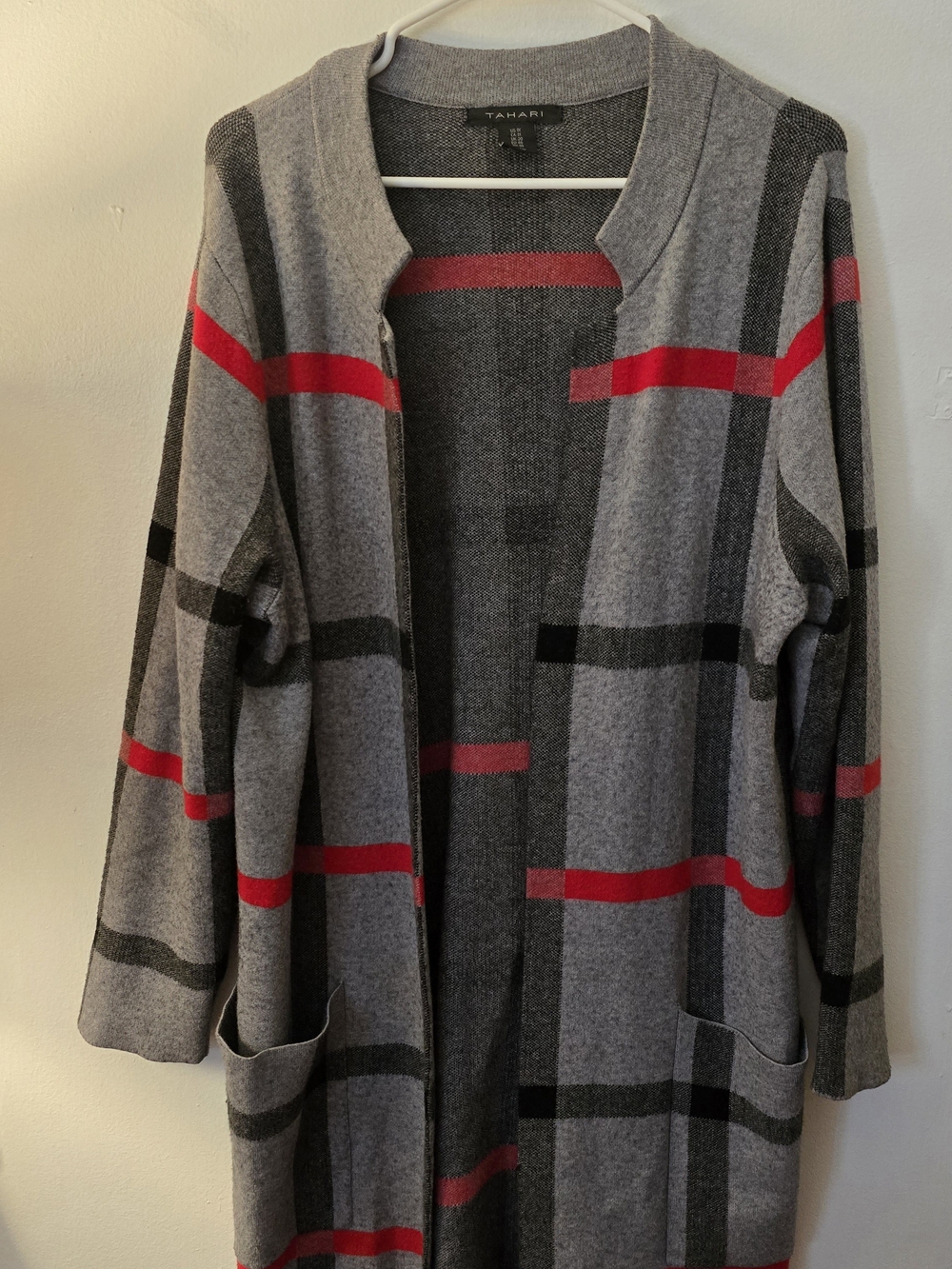 Tahari Gray and Red Plaid Open-Front Cardigan